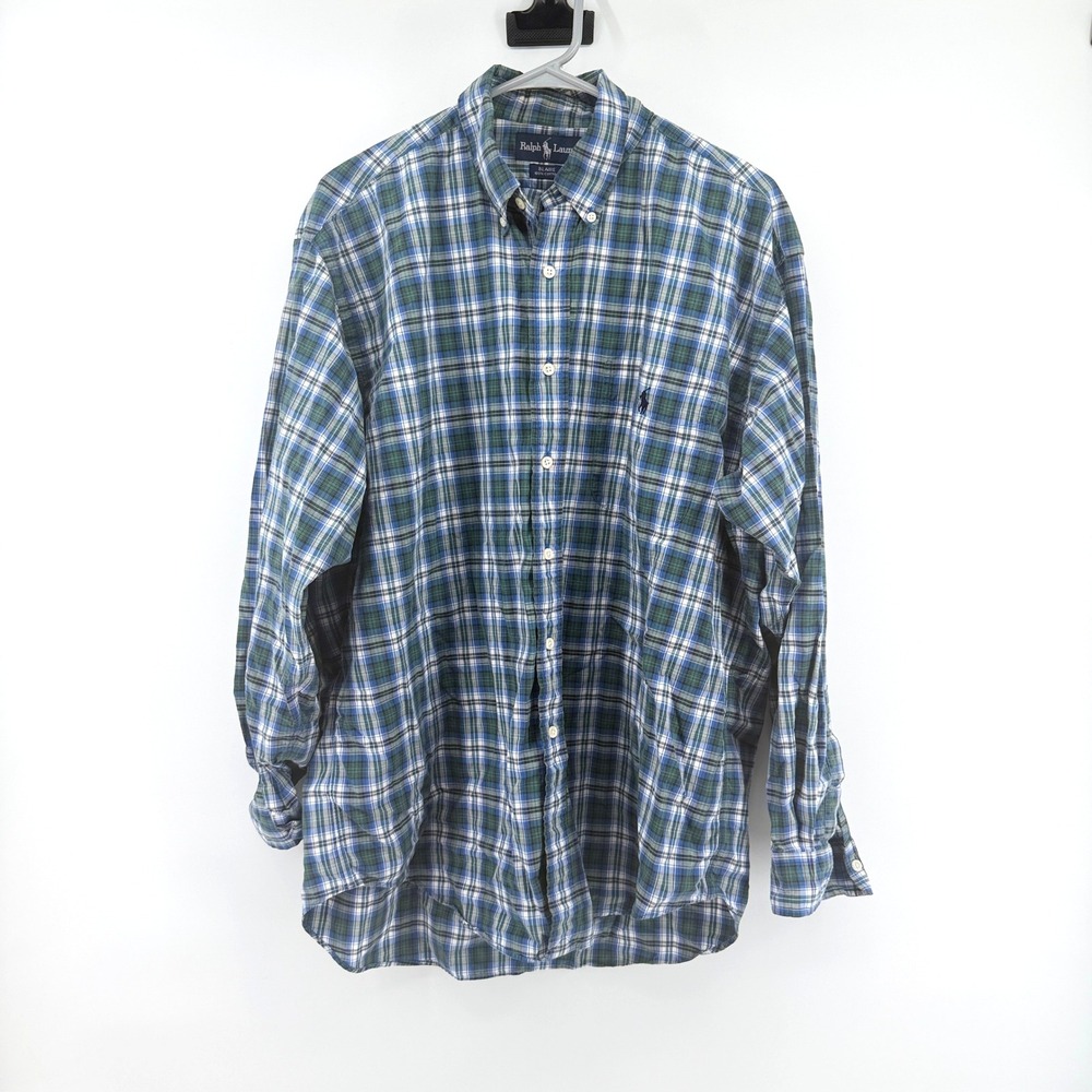 Ralph Lauren Button Down Shirt Plaid XL Blue Green Mens Classic Fit Cotton